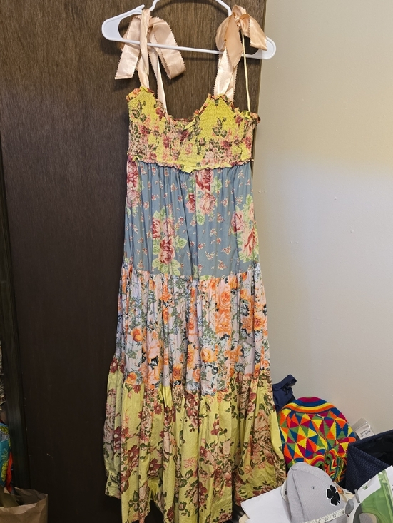 Free People Dresses & Skirts - free people Floral Tiered Maxi Sundress with Ribbon Straps - Yellow, Blue, Peach